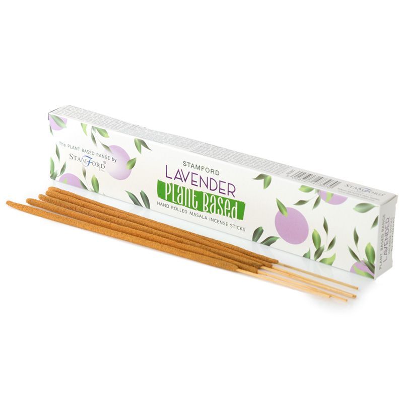 Lavender masala incense sticks laid beside their floral box, with the front label visible