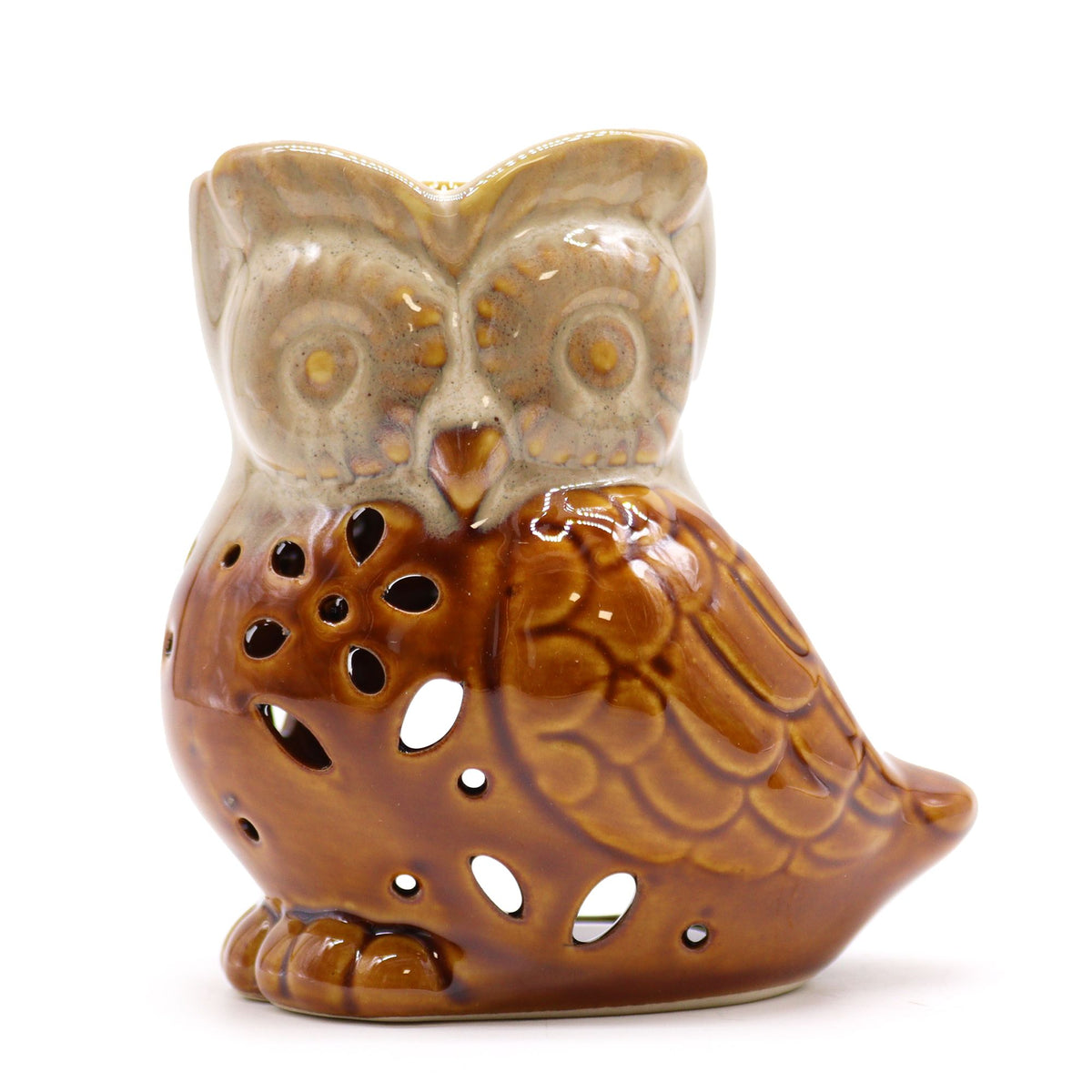 Cream and brown owl-shaped oil burner with cut-out holes and a heart-shaped bowl on top