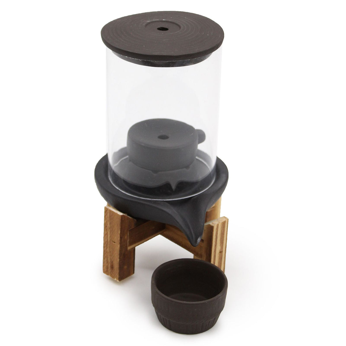 Backflow Incense Burner, Teahouse Waterfall with clear cylinder, dark top and wooden stand, front view