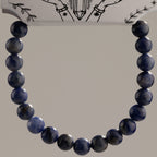Close view of the blue and grey bracelet beads