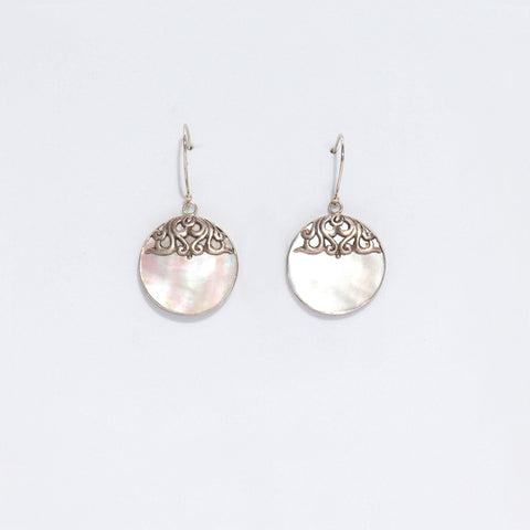 Shell & Silver Earrings, Classic Disc, MOP, pair of round pale iridescent drops on a white background