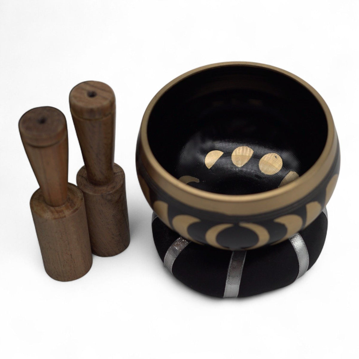 Moon Phase Singing Bowl Set, Black (10.7cm) with two wooden mallets and a striped black cushion
