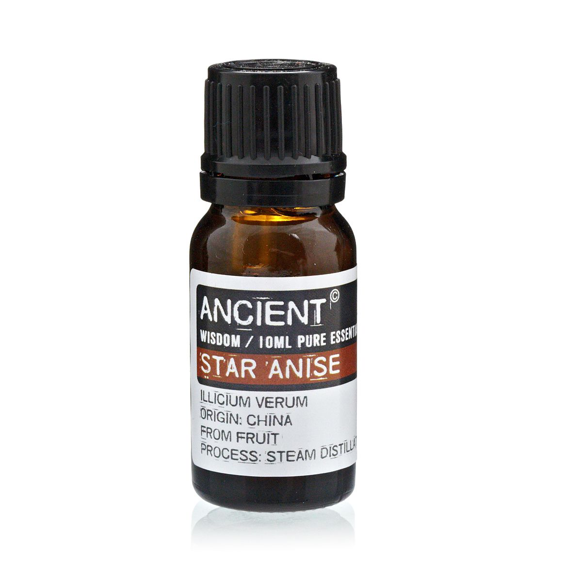 10 ml Aniseed China Star (Star Anise) essential oil in an amber bottle with a black cap, shown upright
