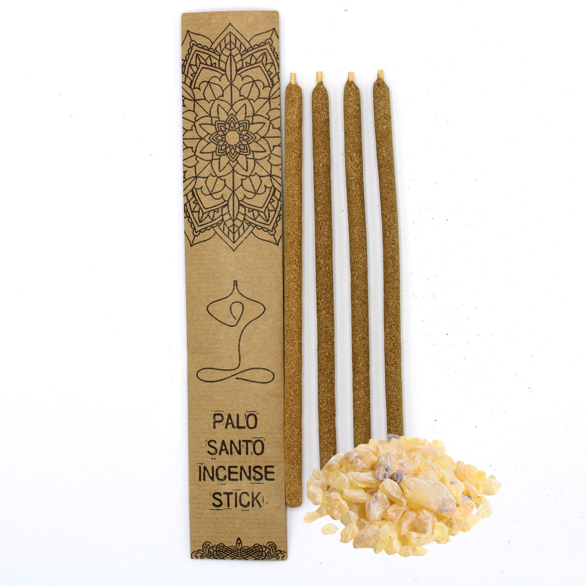Palo Santo Large Incense Sticks, Copal, four brown sticks beside a decorated cardboard sleeve and pale resin pieces