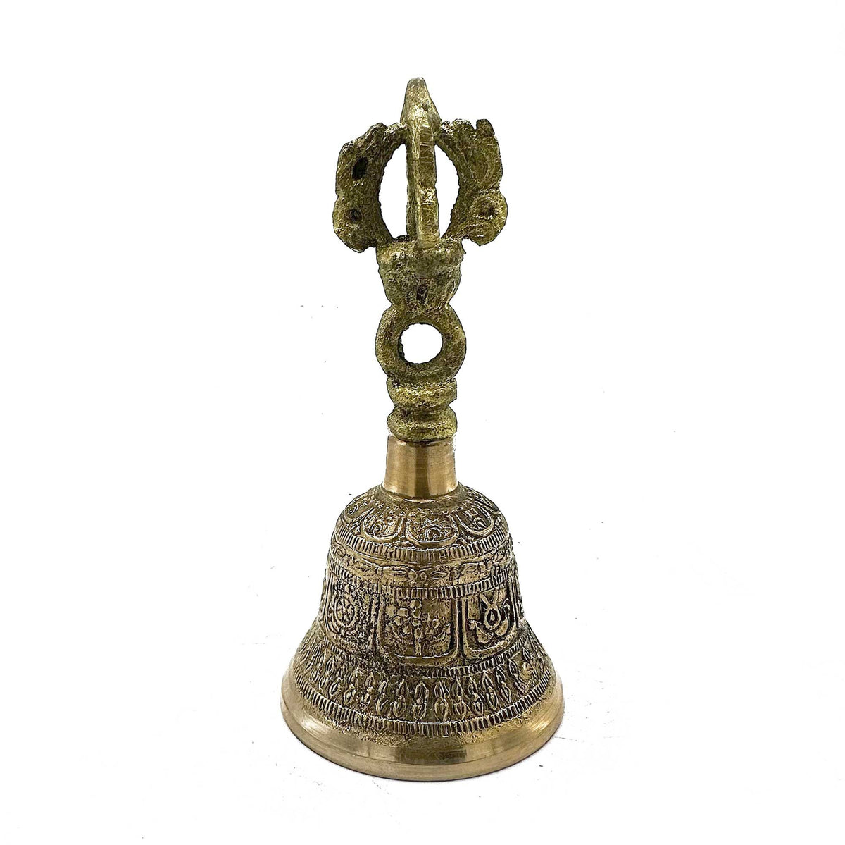 Medium Tibetan Tingsha Bell, ornate gold-toned bell shown upright against a plain white background