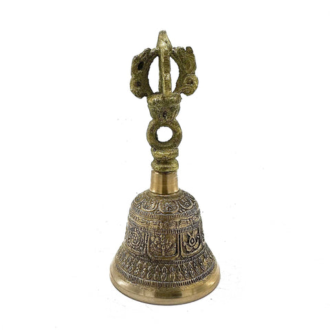 Medium Tibetan Tingsha Bell, ornate gold-toned bell shown upright against a plain white background