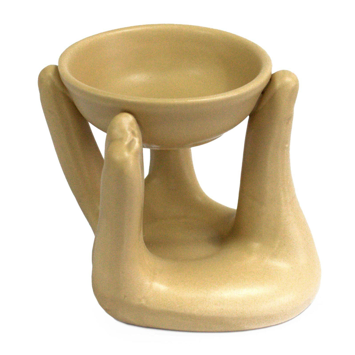 Open Hands Oil Burner, Tan, shown from the front with an open bowl held between sculpted hands