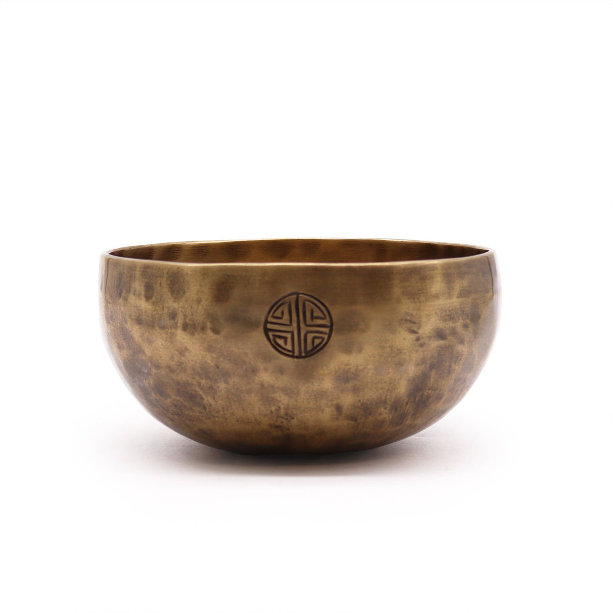 Medium Nepalese Moon Bowl, bronze-coloured bowl shown from the front with a circular emblem