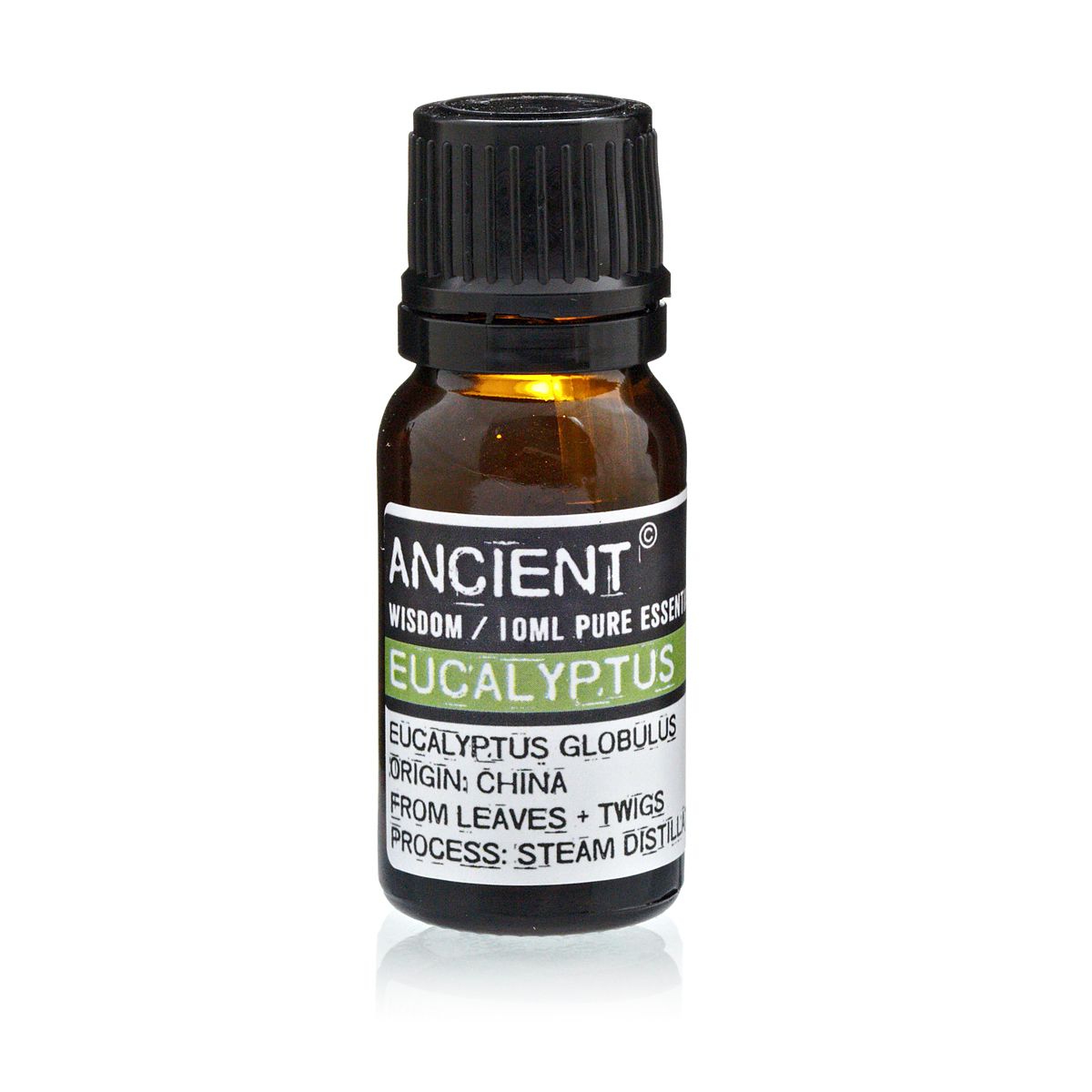 10 ml Eucalyptus Essential Oil in an upright amber bottle against a plain white background
