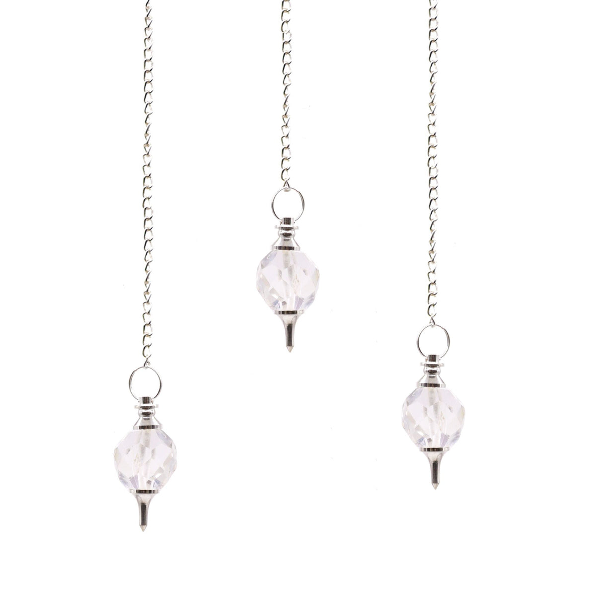 Faceted Gemstone Pendulum, Rock Quartz shown in three views on silver-toned chains against white
