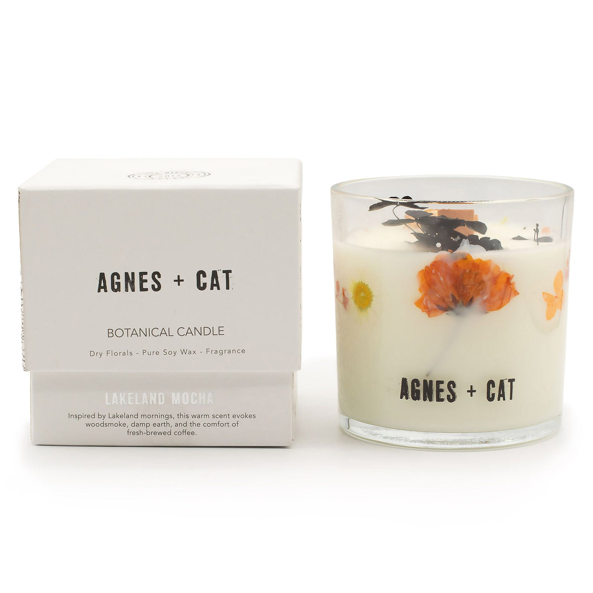 Lakeland Mocha candle beside its white Agnes + Cat box, shown from the front