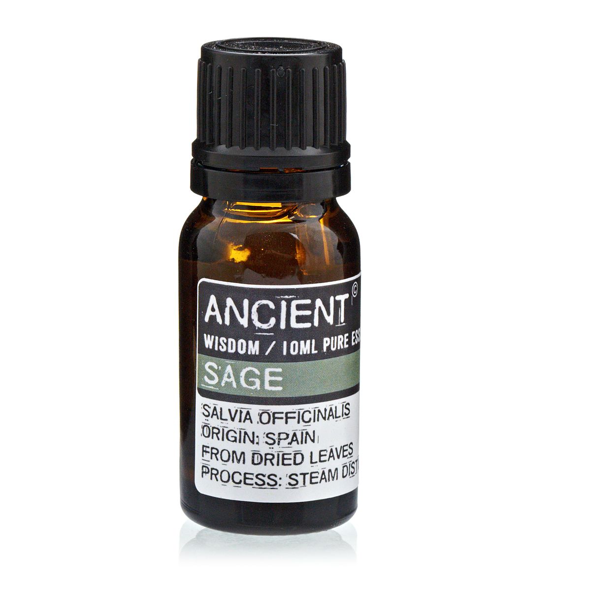 10 ml Sage Essential Oil in an amber glass bottle with a black cap and green and white label