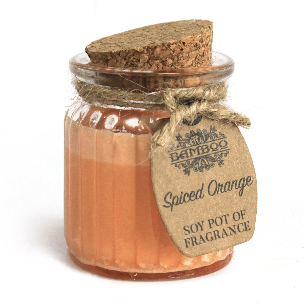 Spiced Orange Soy Pot of Fragrance Candles in an orange glass jar with a cork lid and hanging tag