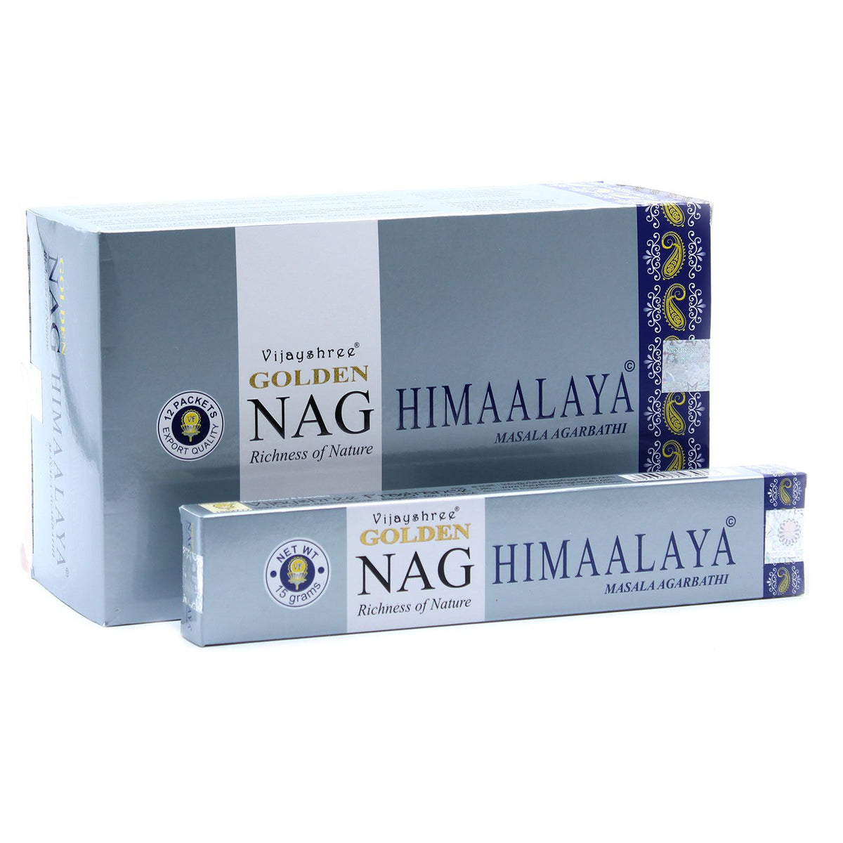 15g Golden Nag, Himalaya Incense in a silver and blue box with a matching slim packet, front view