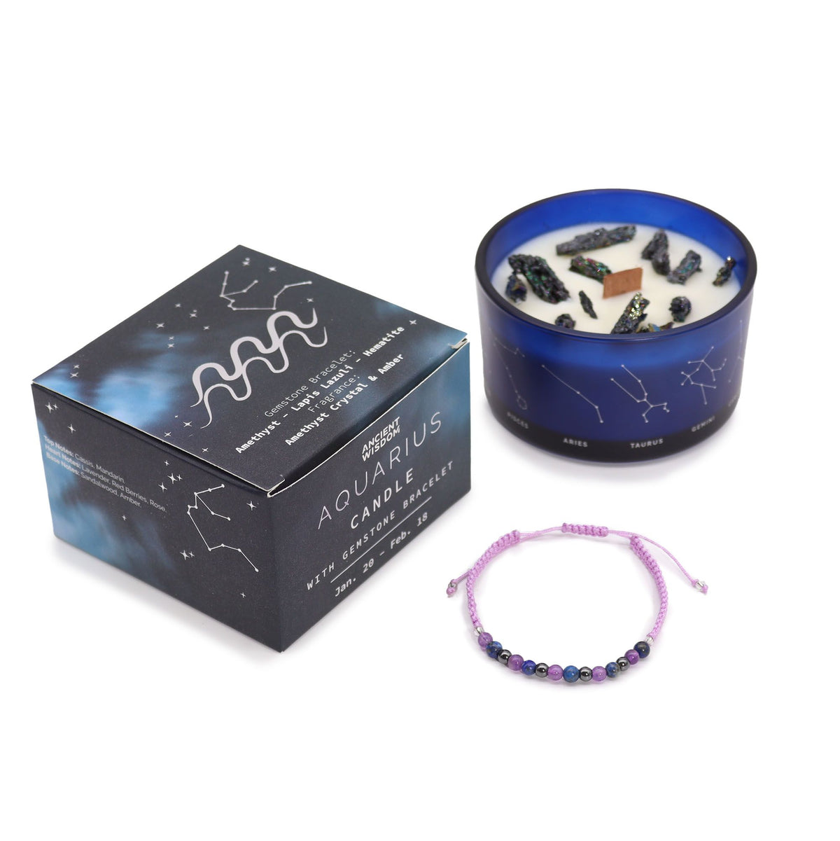 Aquarius candle and closed gift box standing together with the gemstone bracelet in front