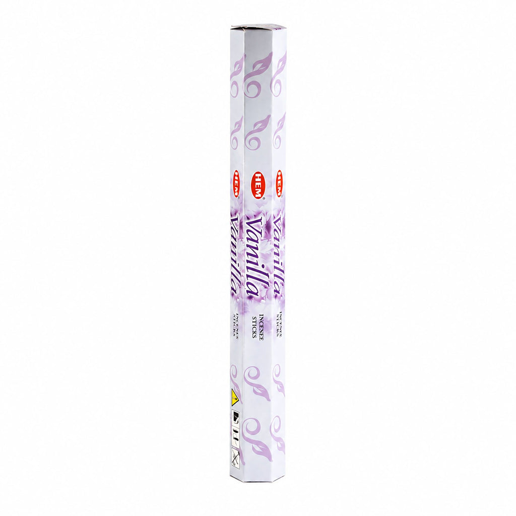 HEM Vanilla incense in a tall white and lilac hexagonal pack