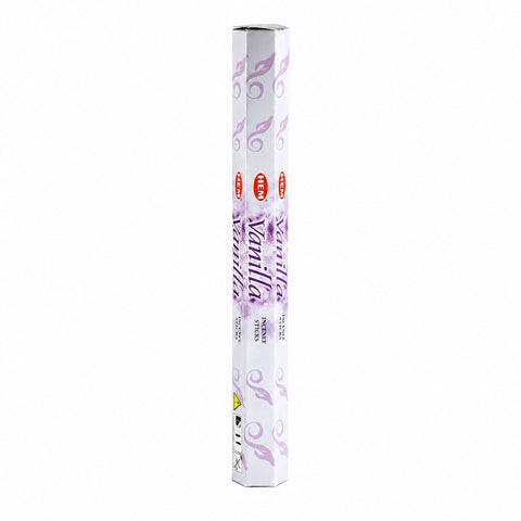 HEM Vanilla incense in a tall white and lilac hexagonal pack
