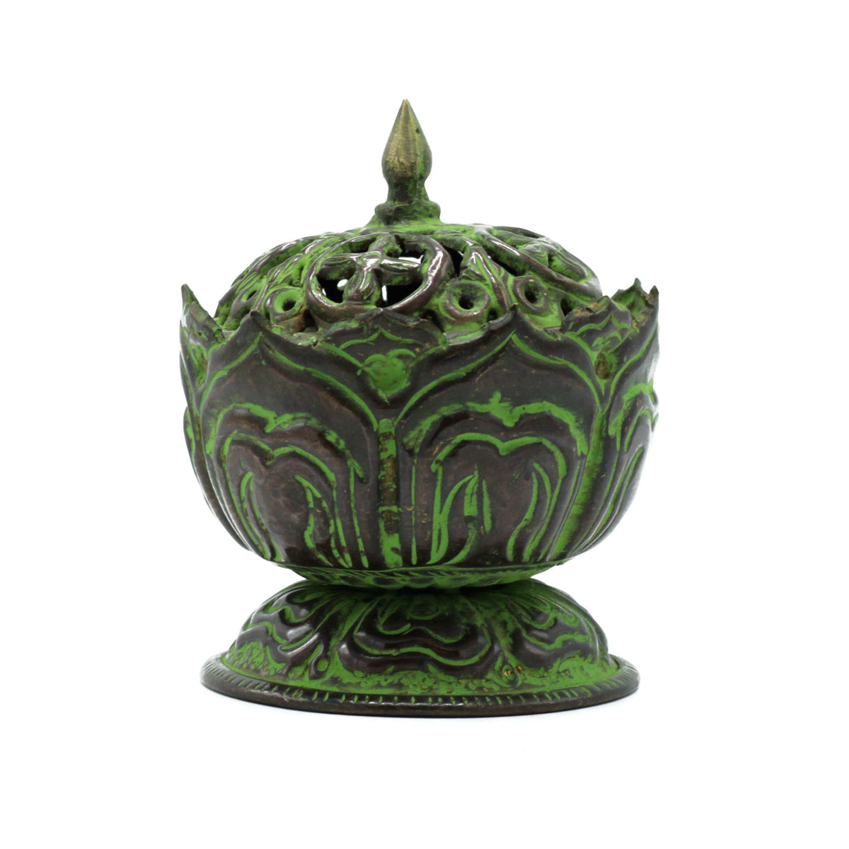 Brass verdigris incense burner shaped like a lotus flower, with a pierced lid, on a round pedestal