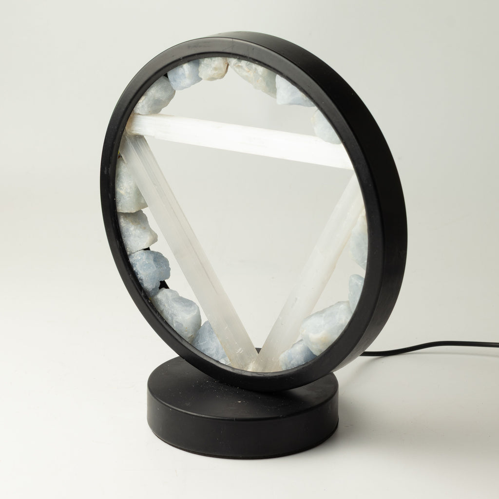 Angled view showing the lamp's circular frame and base