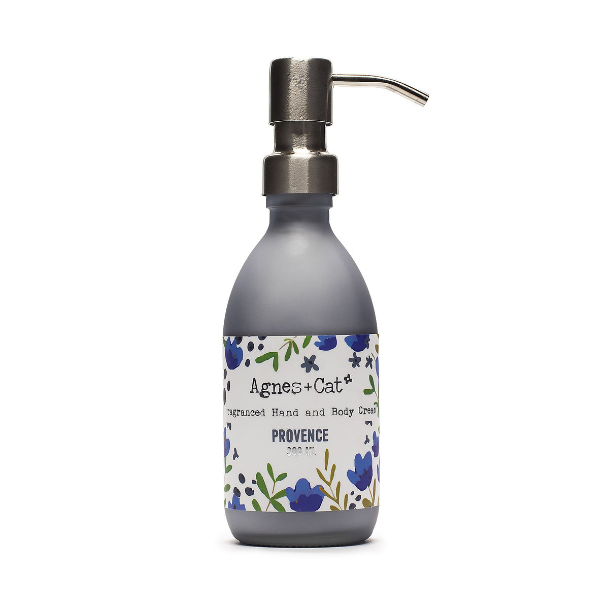 Agnes + Cat Hand & Body Cream, Provence in a grey pump bottle with a floral label, front view