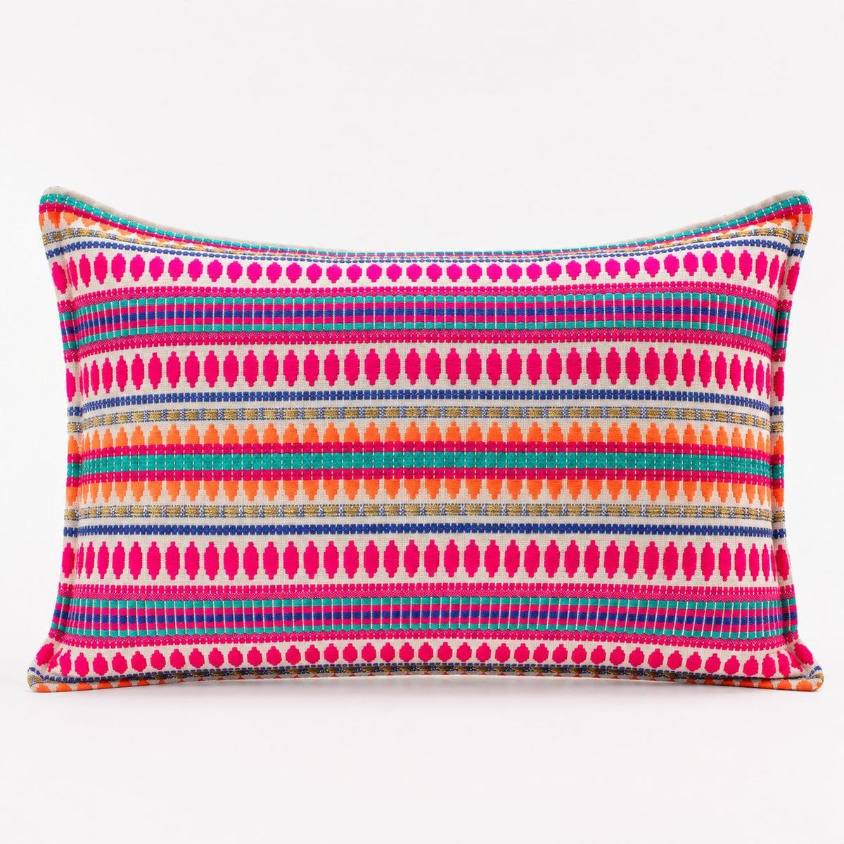Neon Stripes cushion cover shown front on, with bright pink, orange, teal and blue horizontal bands
