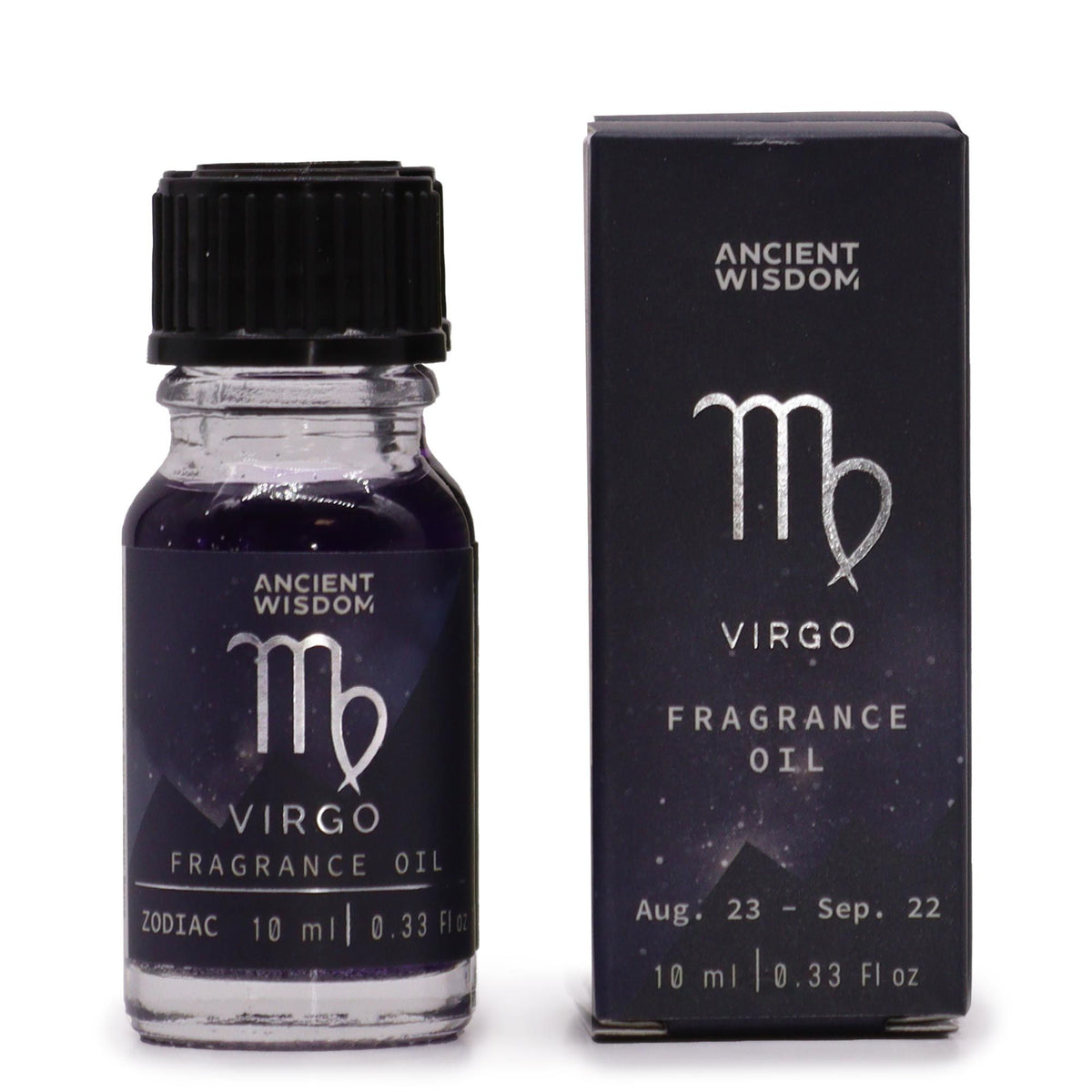 Virgo zodiac fragrance oil bottle in dark purple glass next to its star-sign gift box