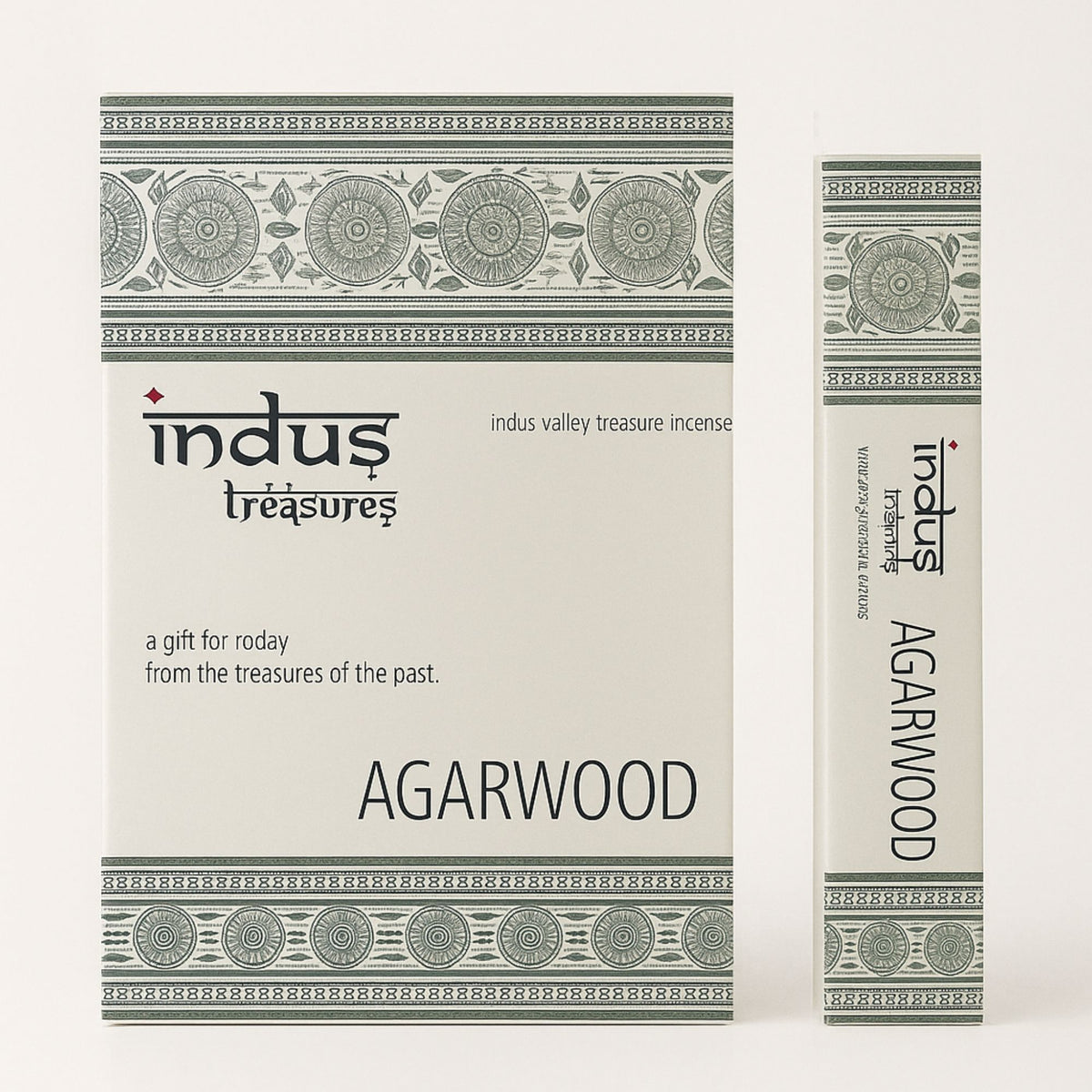 Indus Treasures Agarwood incense sticks in cream and green patterned packaging, front and narrow side shown