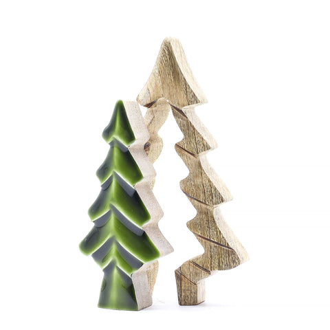 Small mango wood tree-in-a-tree decoration with a glossy green enamel pine tree inlay