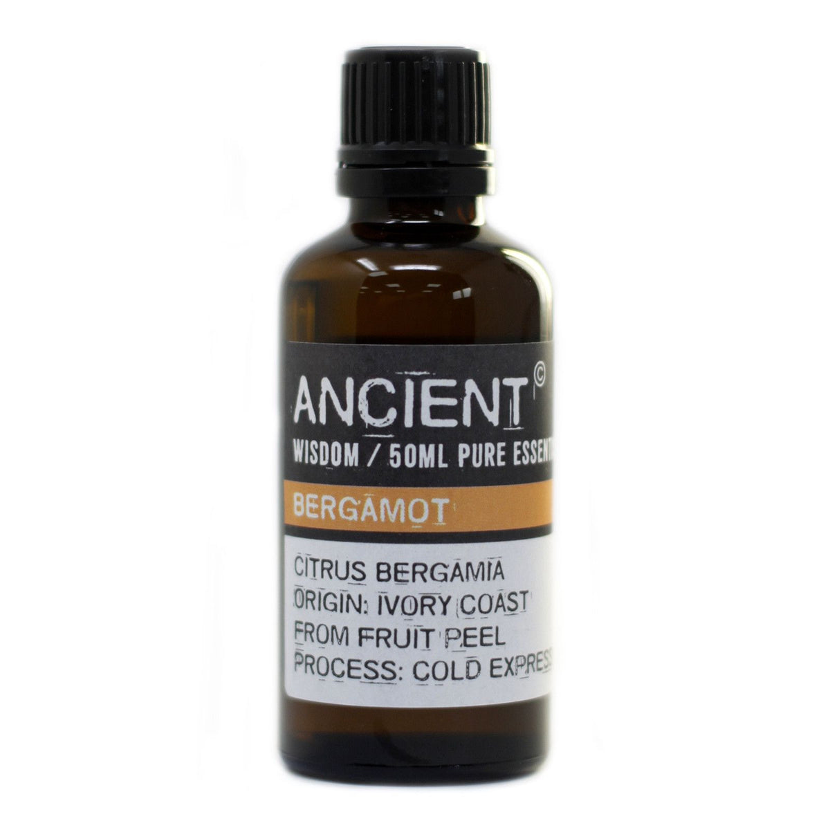 Bergamot oil in a single amber bottle with a black cap and orange label, shown from the front