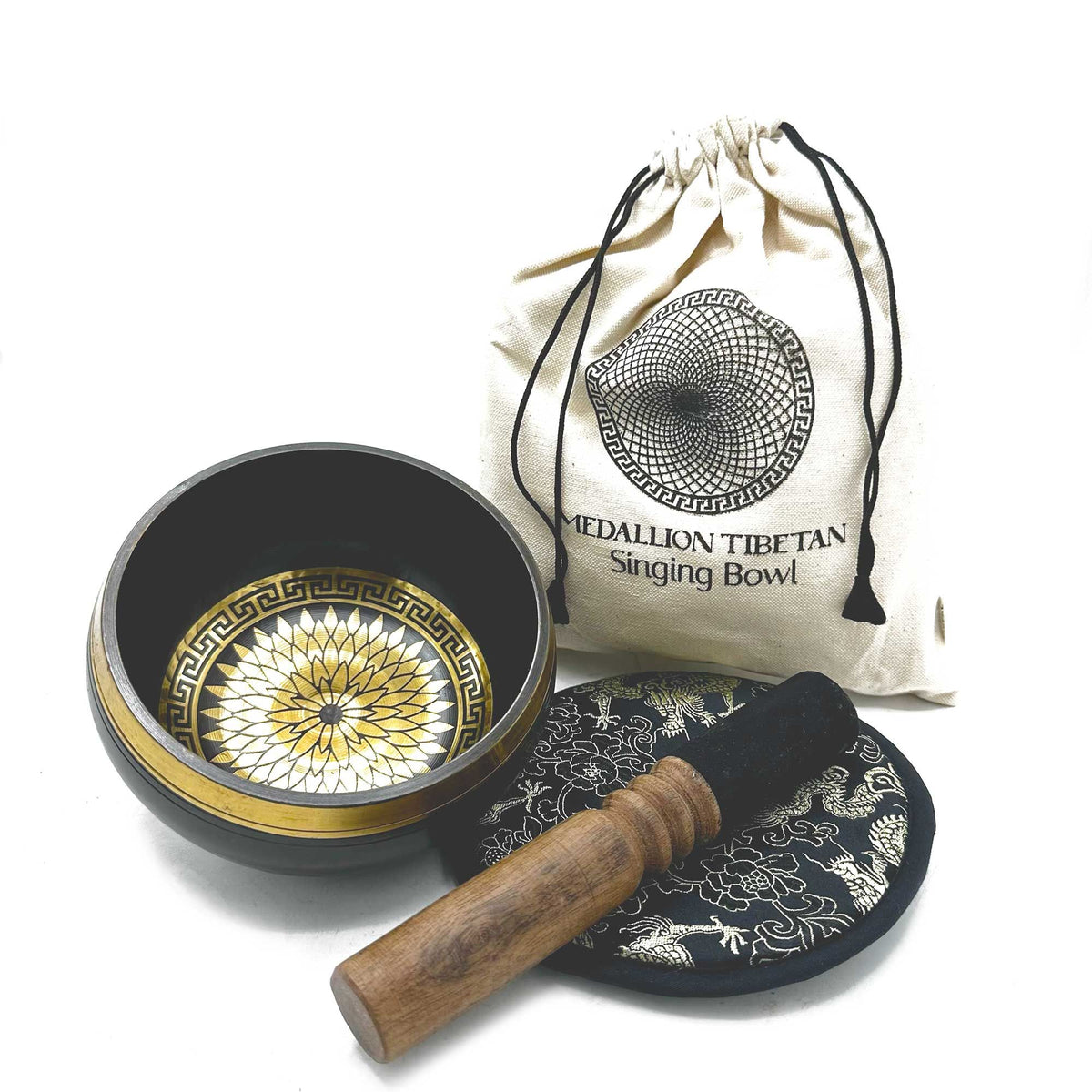 Hand Beaten & Engraved Singing Bowl Gift Set, 14cm, Round Medallions with gold-patterned bowl, wooden mallet, cushion and bag