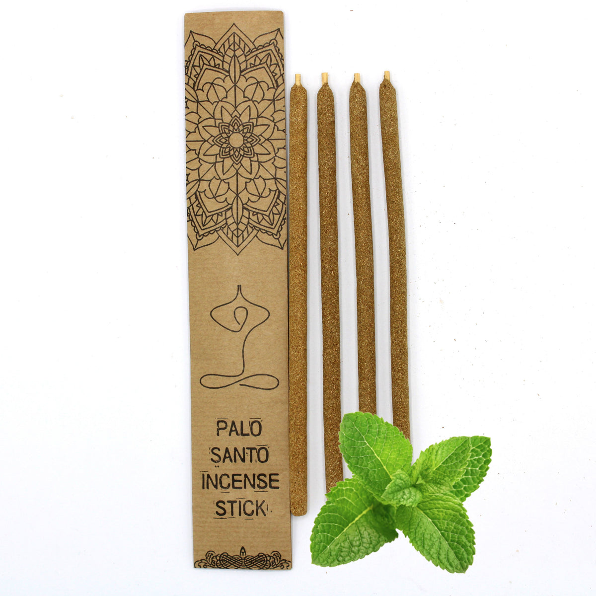 Palo Santo Large Incense Sticks, Peppermint, four brown sticks beside a printed card and fresh mint leaves
