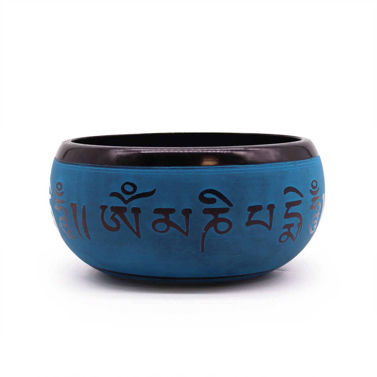 Earth Powder Singing Bowl, Blue Mantra Five Buddha, 16cm, blue bowl shown from the side with dark script