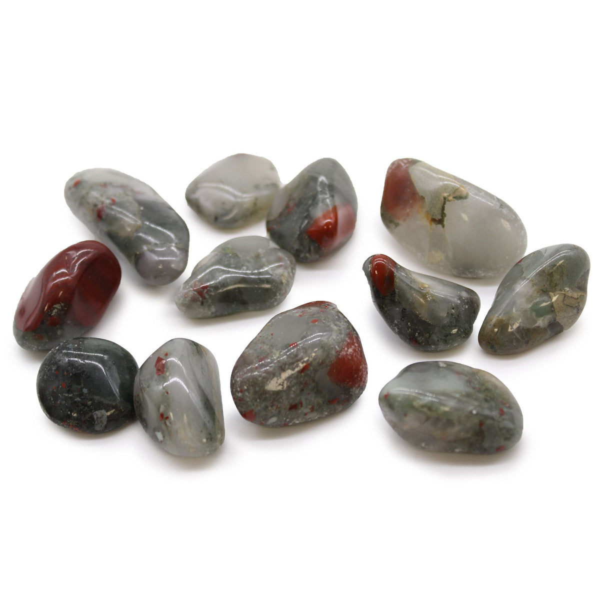 Medium African Tumble Stones, Bloodstone, Sephtonite in mixed grey, red and green shades on white