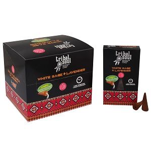Tribal Soul Backflow Incense Cones, White Sage + Lavender in black and red packaging, with a cone