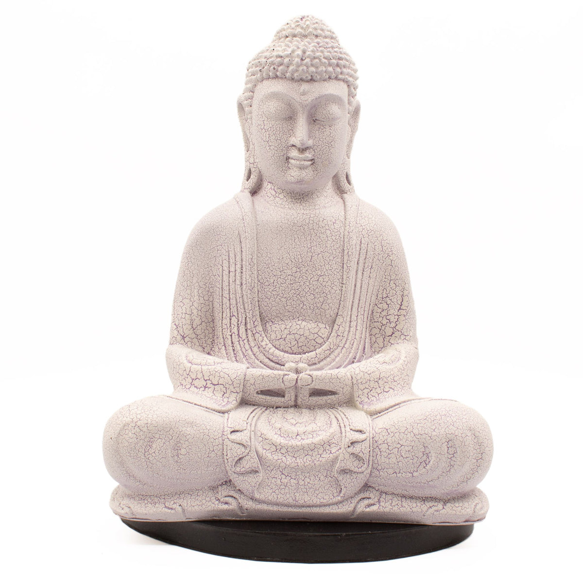 Buddha lamp shown from the front, unlit, with a pale crackle finish and black oval stand