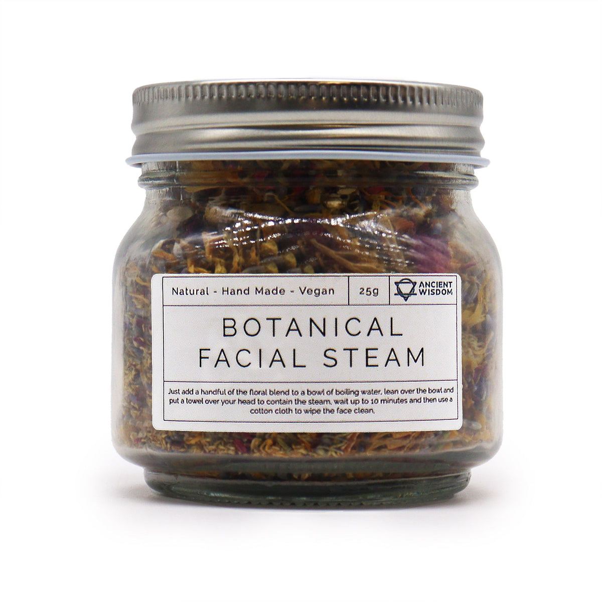 Botanical Facial Steam Blend in a clear jar with a silver lid, front label facing forward
