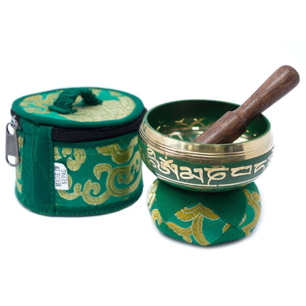 Mini Singing Bowl Gift Set, Green bowl with wooden striker and patterned fabric carry case