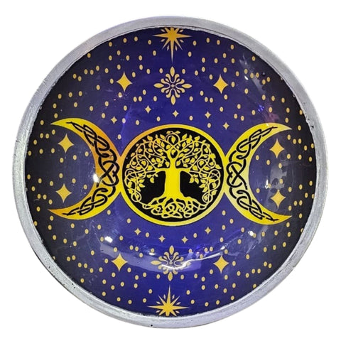 Triple Leg Enamelled Offering Plate, Purple Triple Moon, viewed from above showing the gold moon design