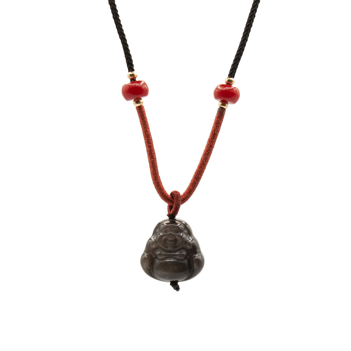 Cool Gemstone Pendants, Sliver Obsidian Buddha necklace with dark carved pendant and red cord, front view
