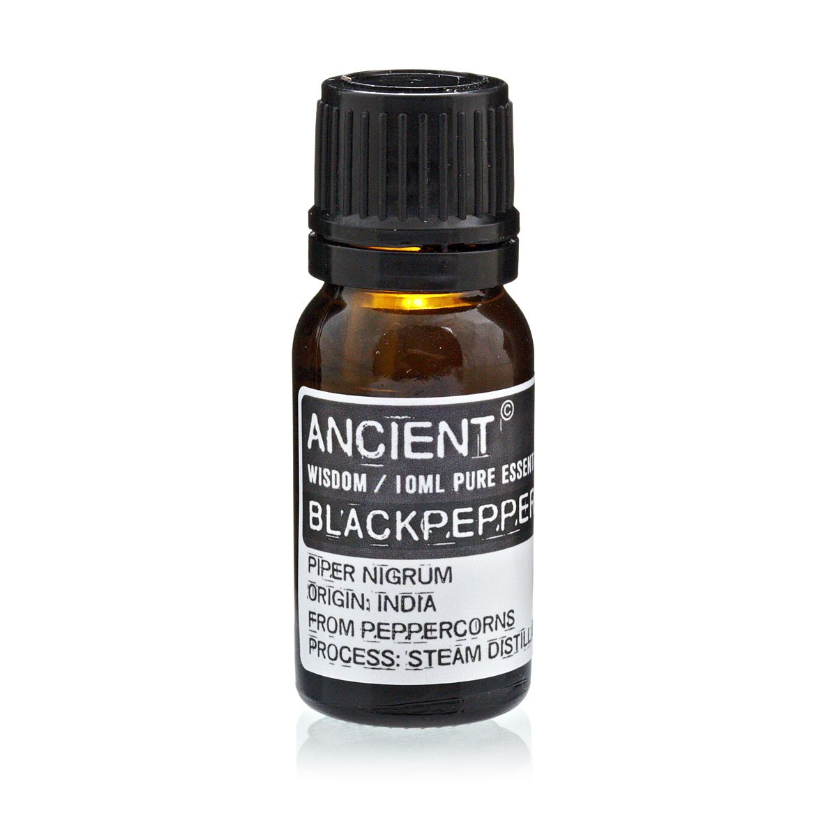 10 ml Blackpepper Essential Oil in a dark amber bottle with a black cap and labelled front