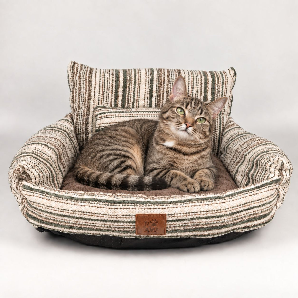 Tabby cat curled up in the striped sofa pet bed