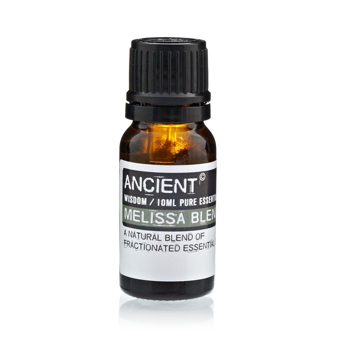 10 ml Melissa (Blend) Essential Oil in an amber bottle with a black cap, shown upright from the front