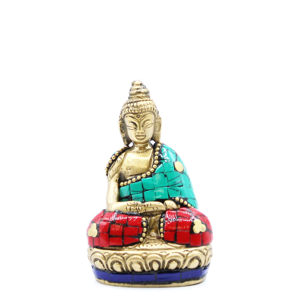 Brass Buddha Figure, Hands Up, 7.5 cm, seated front view with turquoise and red detailing