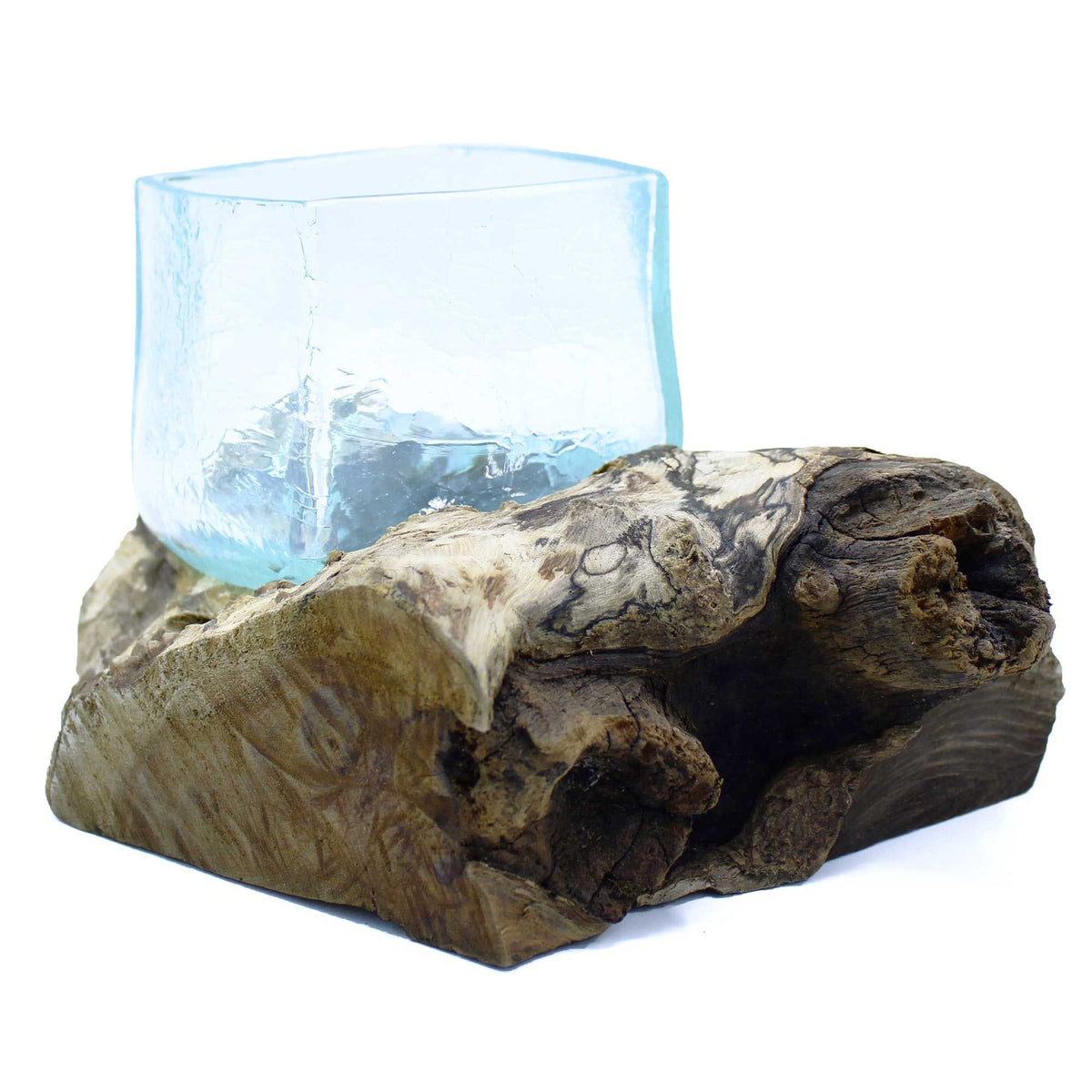 Molten Crackled Glass Tank on Wood, pale blue glass tank on a dark wooden base, front view