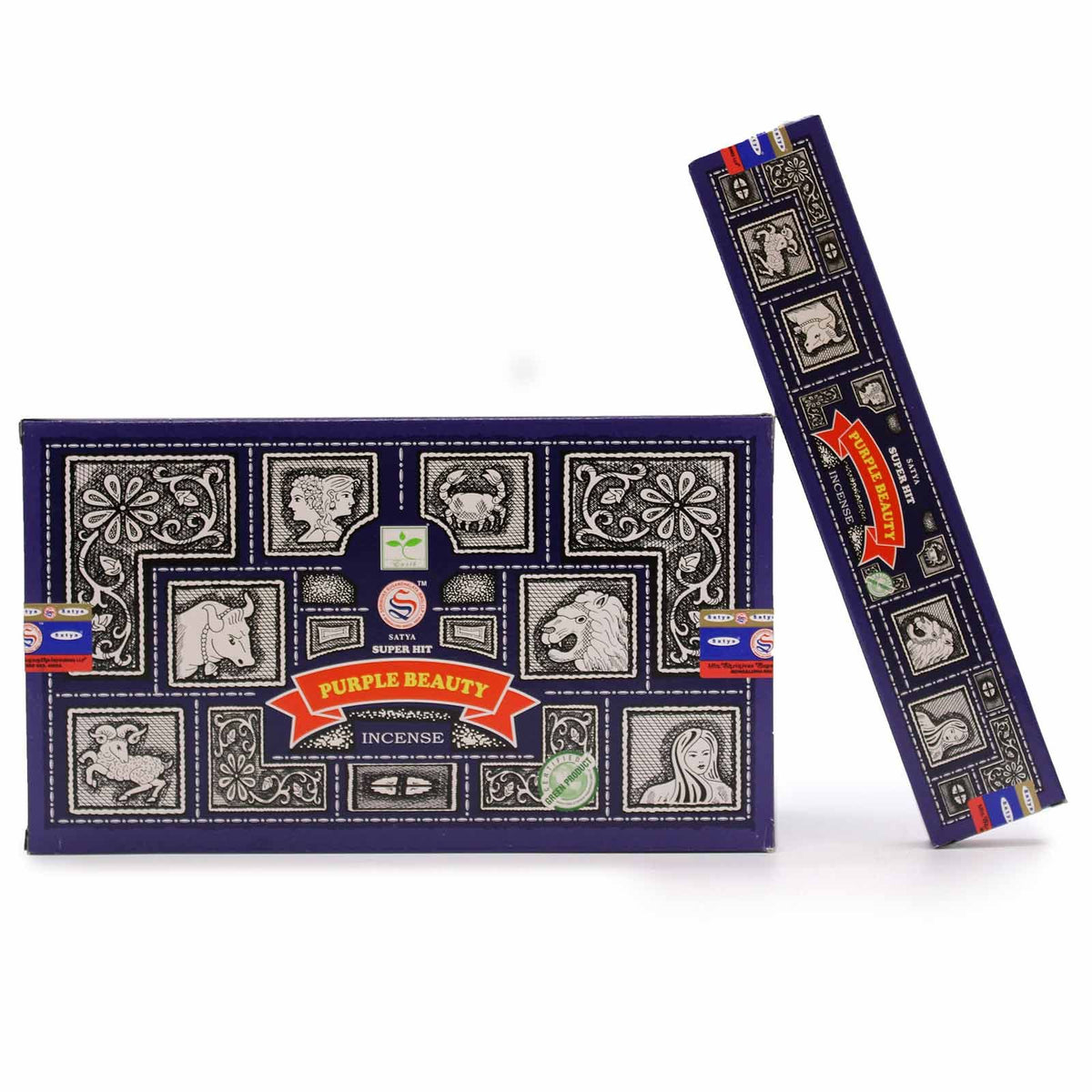 Super Hit Purple Beauty Nag Champa incense in a purple illustrated box, shown front-on with a slim box standing beside it