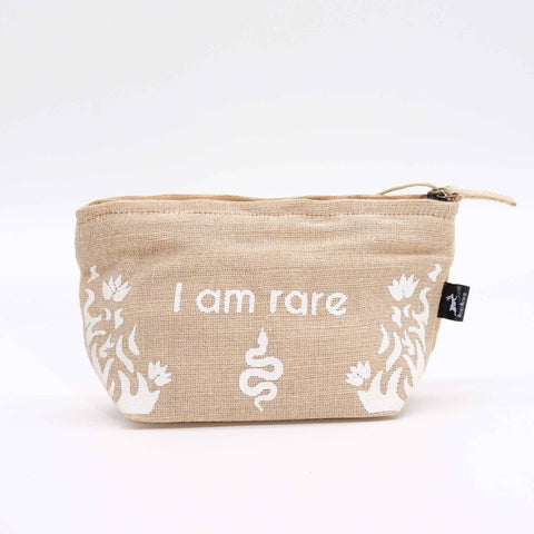 Hop Hare Pouch, I am Rare, beige pouch with white lettering and floral motifs, shown from the front