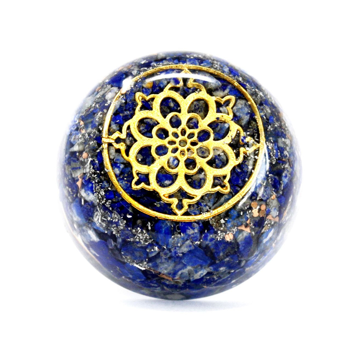 Lapis Dome orgonite sphere, blue lapis lazuli chips under a gold lotus charm