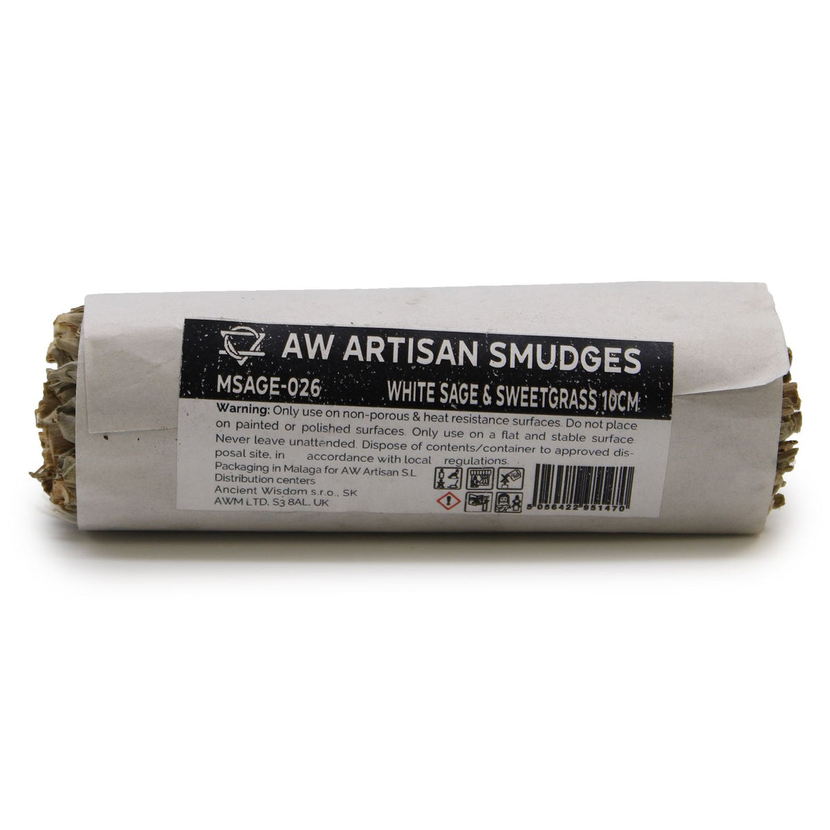 Smudge Stick, White Sage & Sweetgrass 10cm in white paper wrapping with a printed label, shown from the side