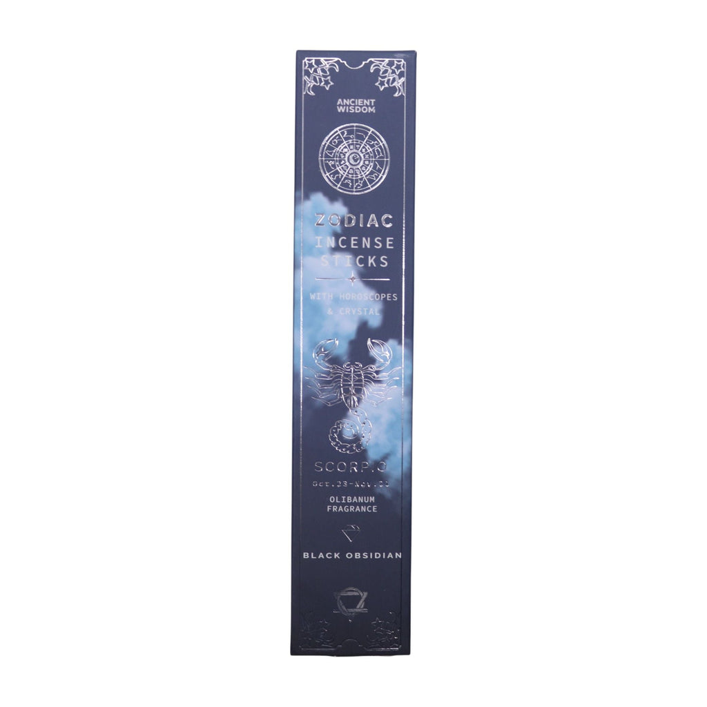 Scorpio Zodiac Incense Sticks box, front view, with dates and Obsidian named