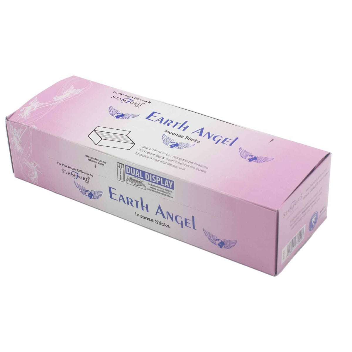 Earth Incense Sticks in a closed pink Stamford Earth Angel box, shown from above at an angle